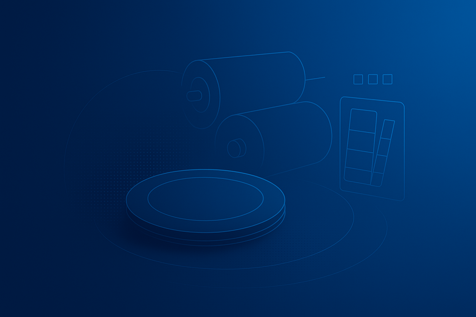 Deep blue hero image with abstract melamine plate, offset press rollers and a Pantone swatch card, representing melamine overlay sheet printing with Pantone colours.