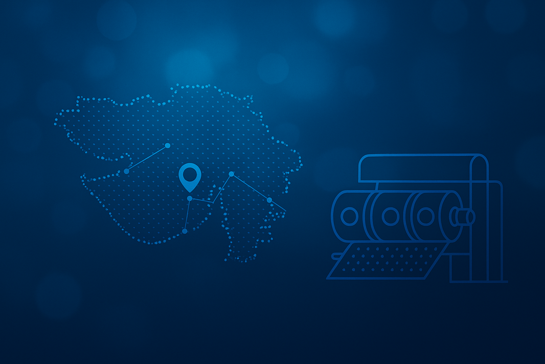 Offset printing in Ahmedabad and Gujarat – blue header image with Gujarat map and offset printing press illustration