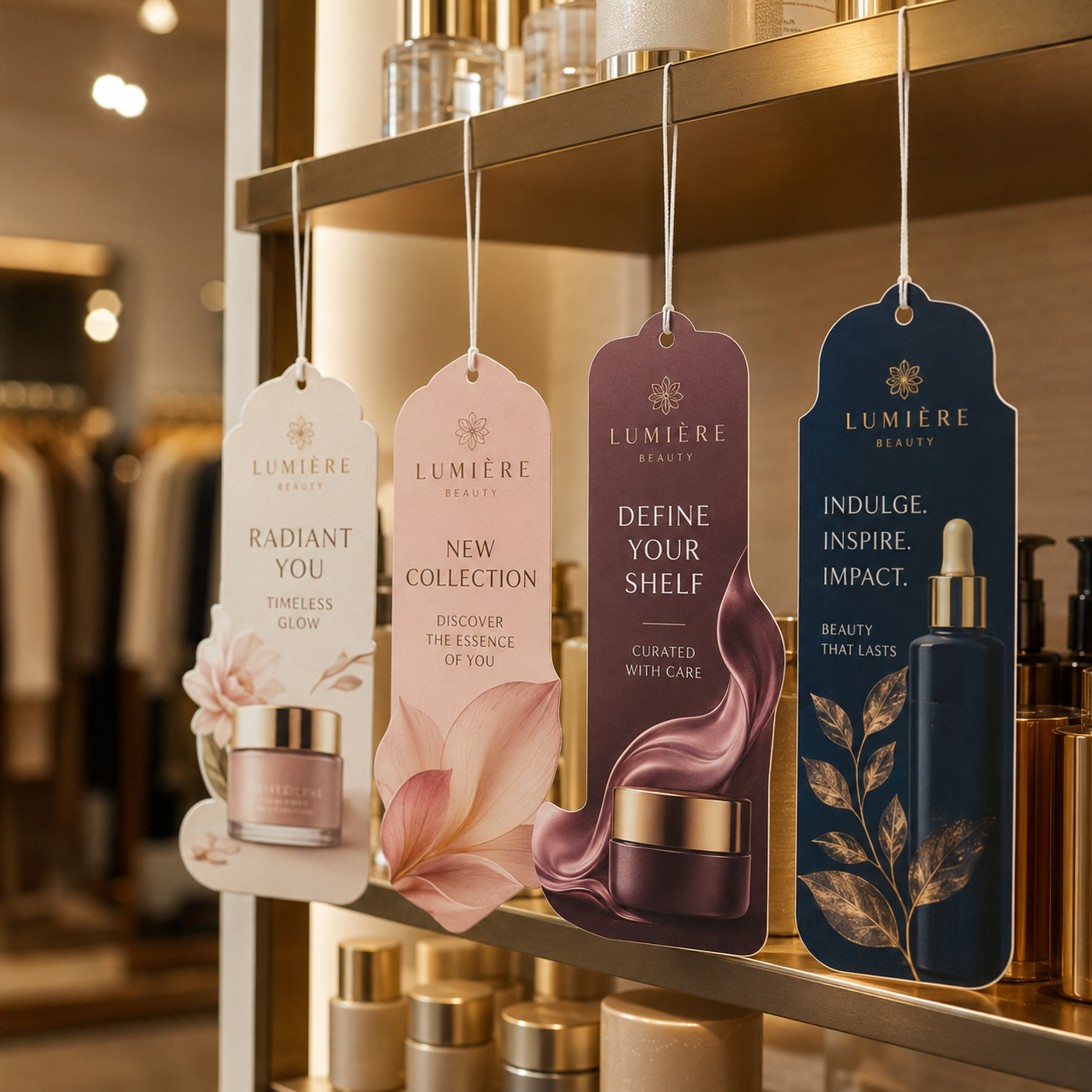 Luxury beauty product danglers with premium paper printing lamination and thread hanging