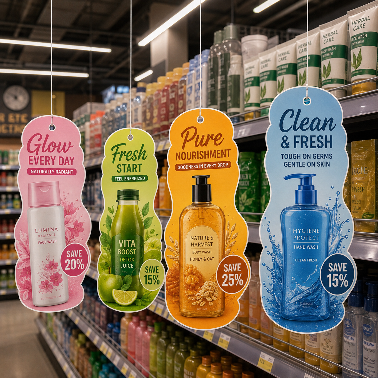 Personal care product danglers with full colour printing lamination and retail display hanging