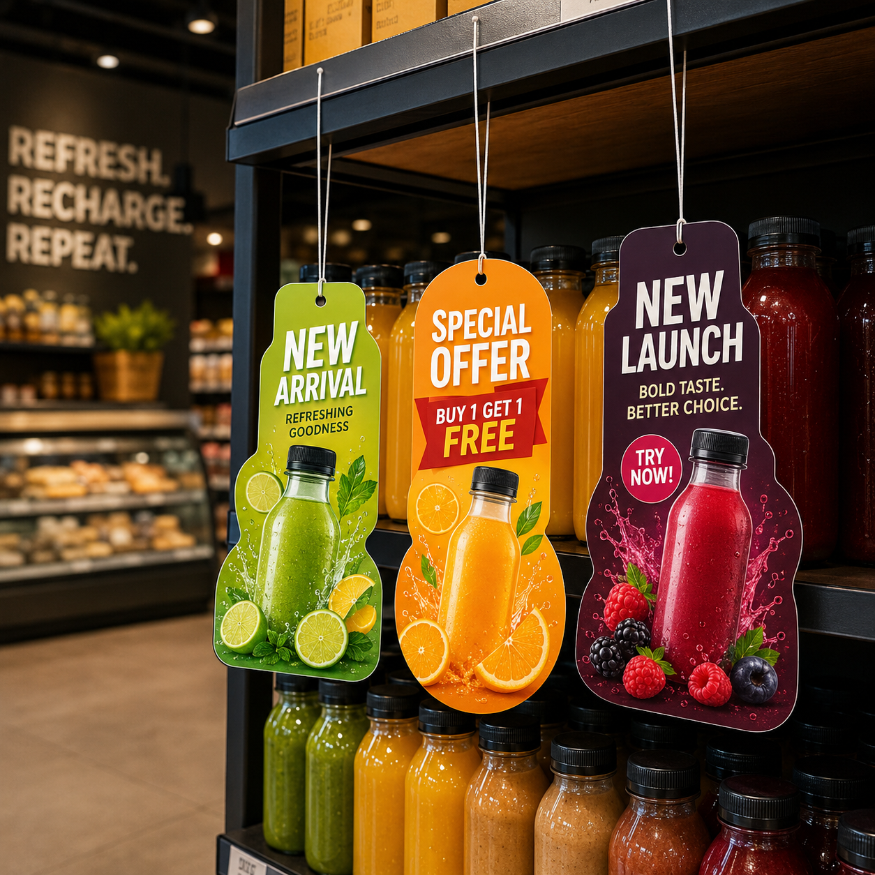 Beverage product promotion danglers printed on art card paper for retail shelf marketing