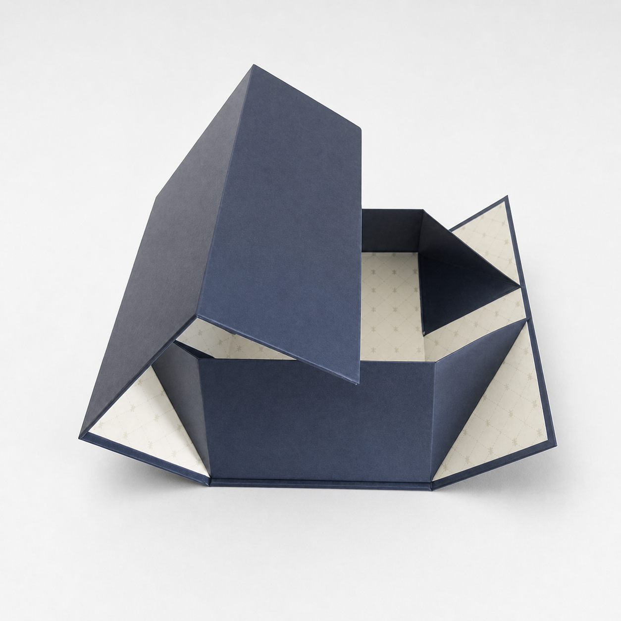 Navy blue collapsible rigid box with patterned inner panels for luxury packaging