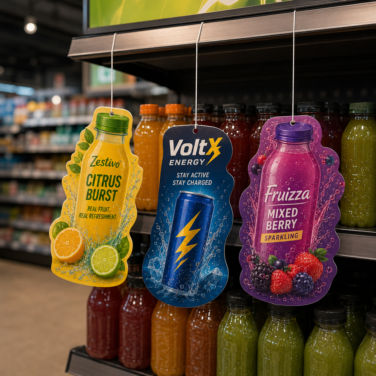 Custom die-cut beverage danglers with vibrant full colour printing for supermarket promotion