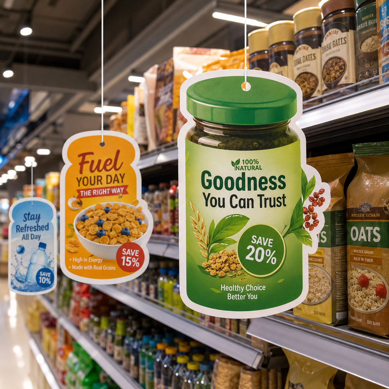 FMCG retail paper danglers with custom die-cut shape and thread hanging for product promotion