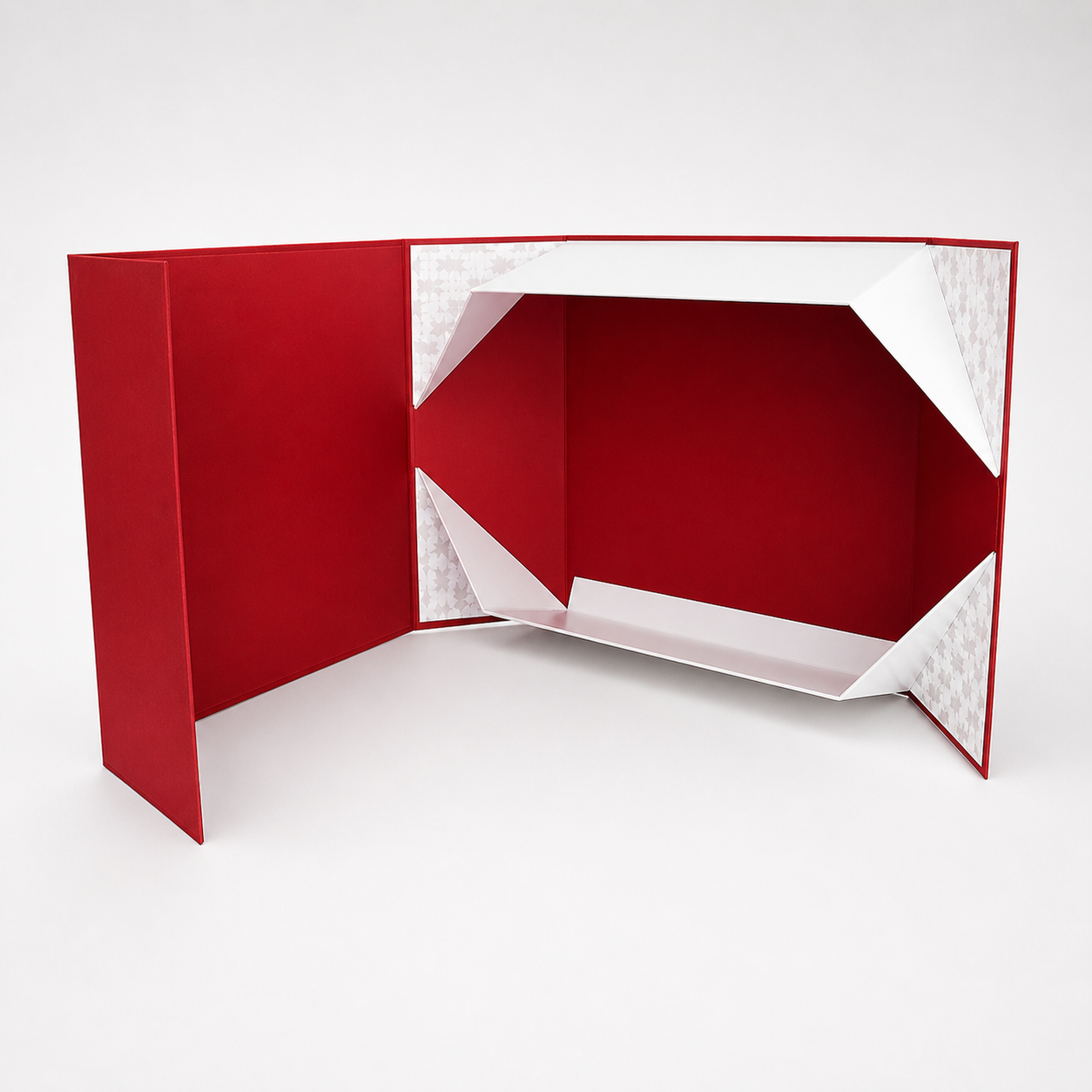 Red collapsible rigid box presentation packaging with white corner supports
